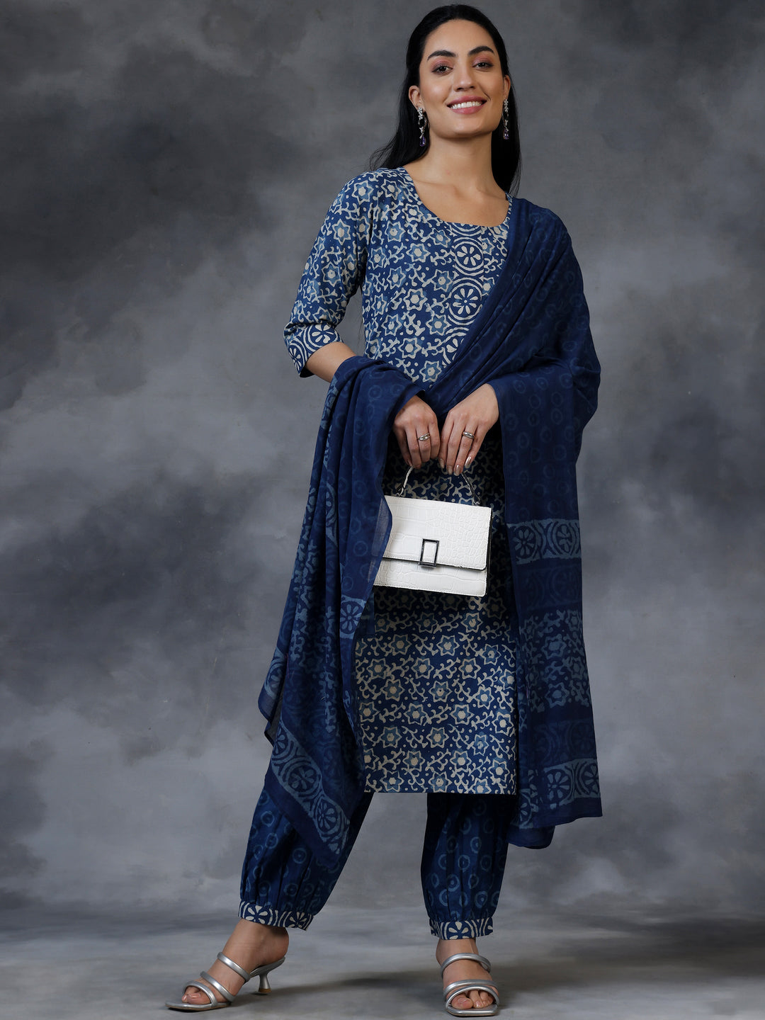 Blue Printed Cotton Straight Suit With Dupatta