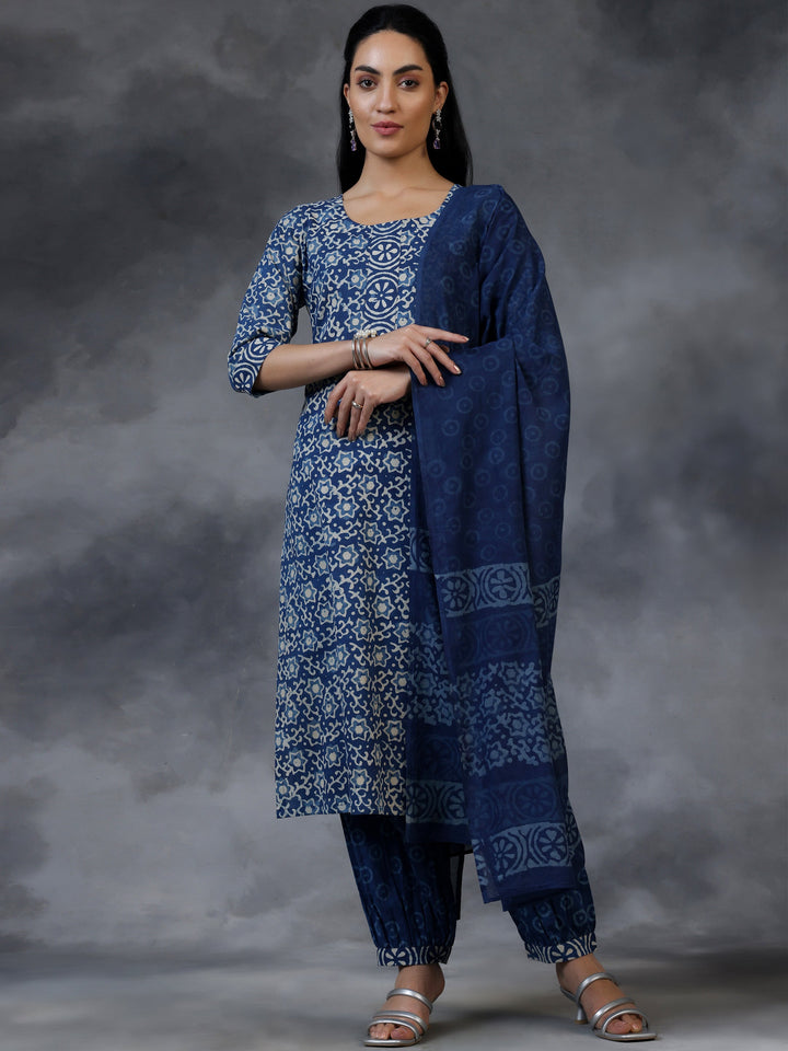 Blue Printed Cotton Straight Suit With Dupatta