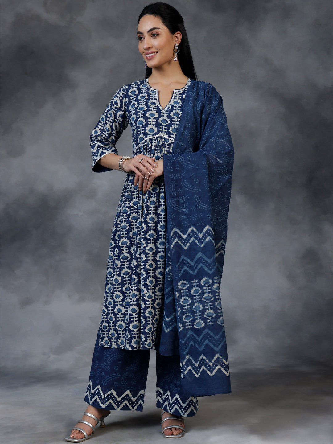 Blue Printed Cotton A-Line Kurta With Palazzos & Dupatta