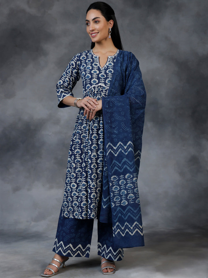 Blue Printed Cotton A-Line Kurta With Palazzos & Dupatta