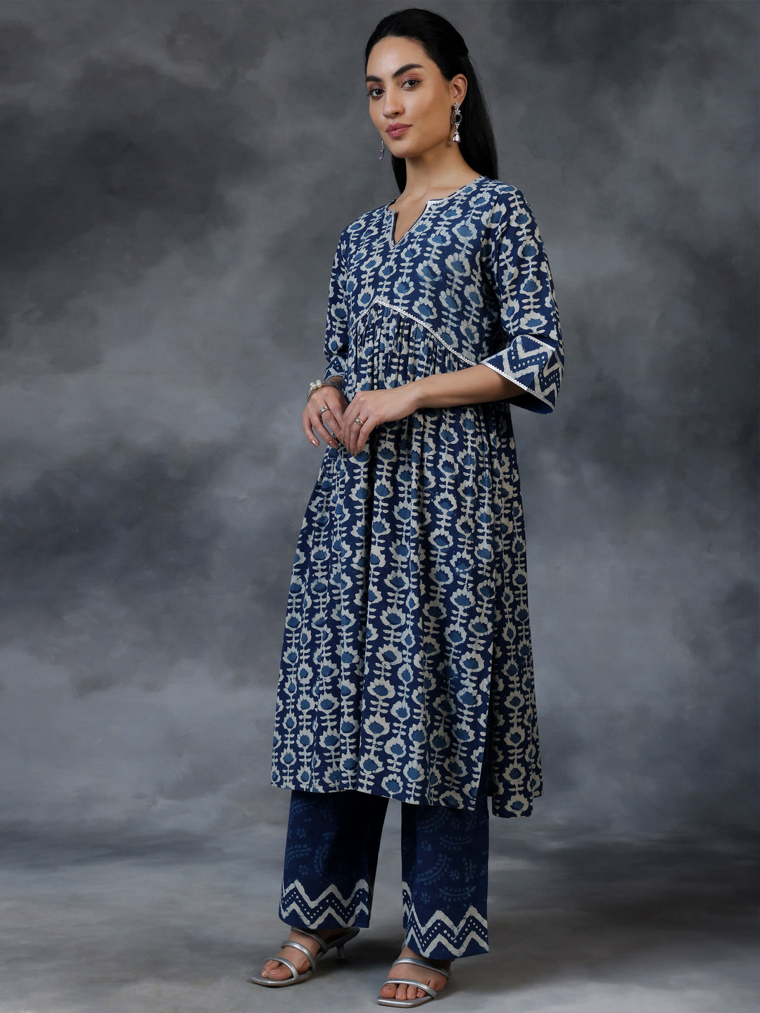Blue Printed Cotton A-Line Kurta With Palazzos & Dupatta