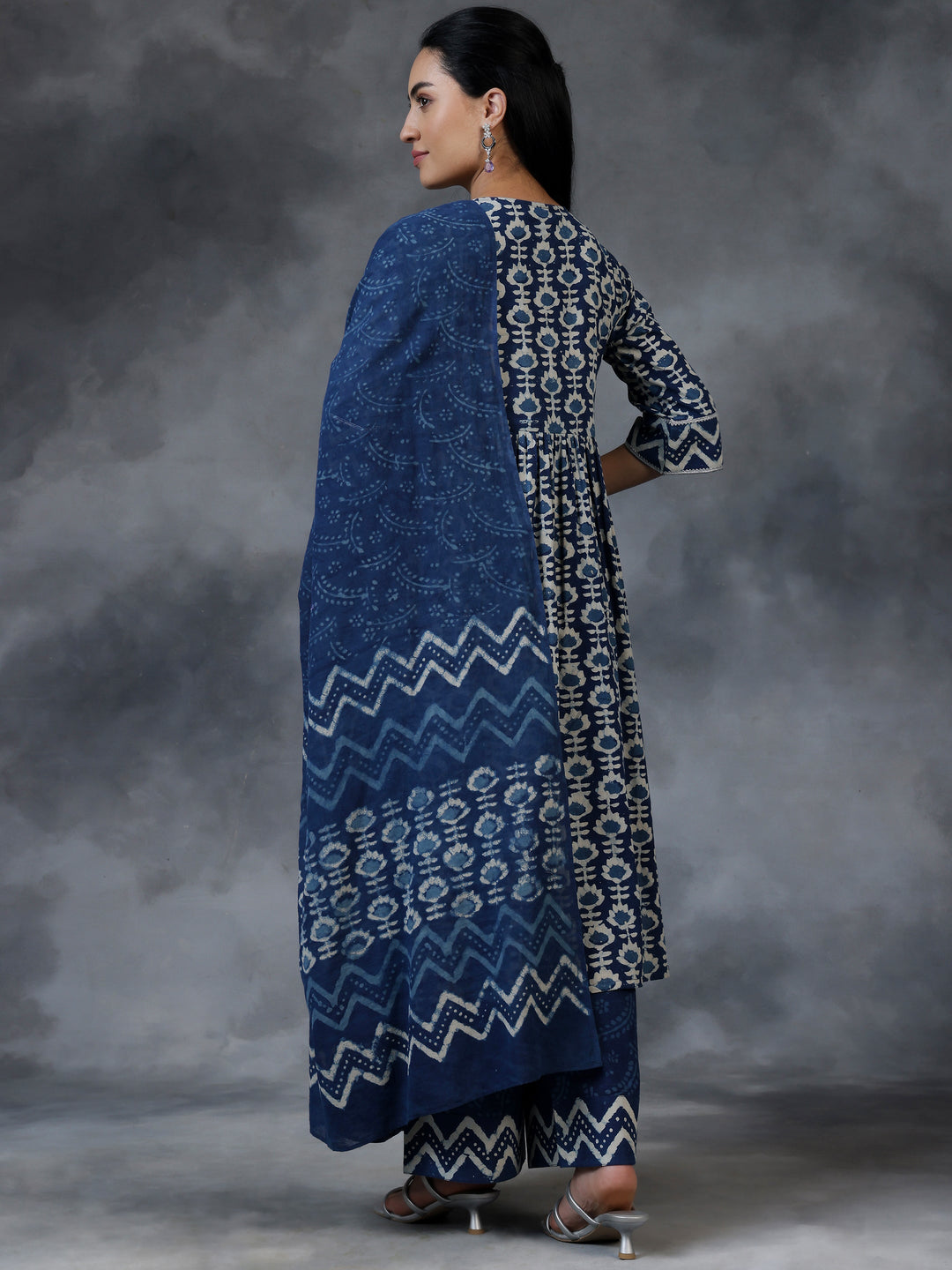 Blue Printed Cotton A-Line Kurta With Palazzos & Dupatta