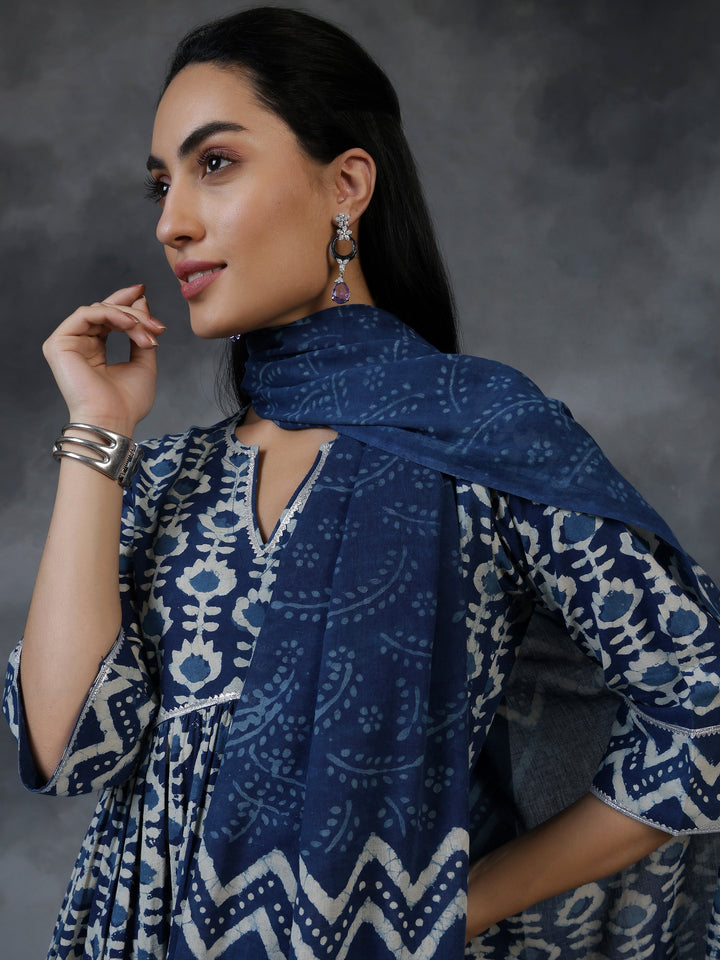 Blue Printed Cotton A-Line Kurta With Palazzos & Dupatta
