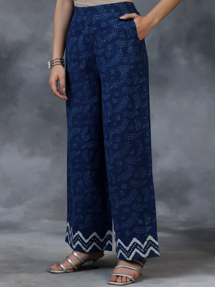 Blue Printed Cotton A-Line Kurta With Palazzos & Dupatta