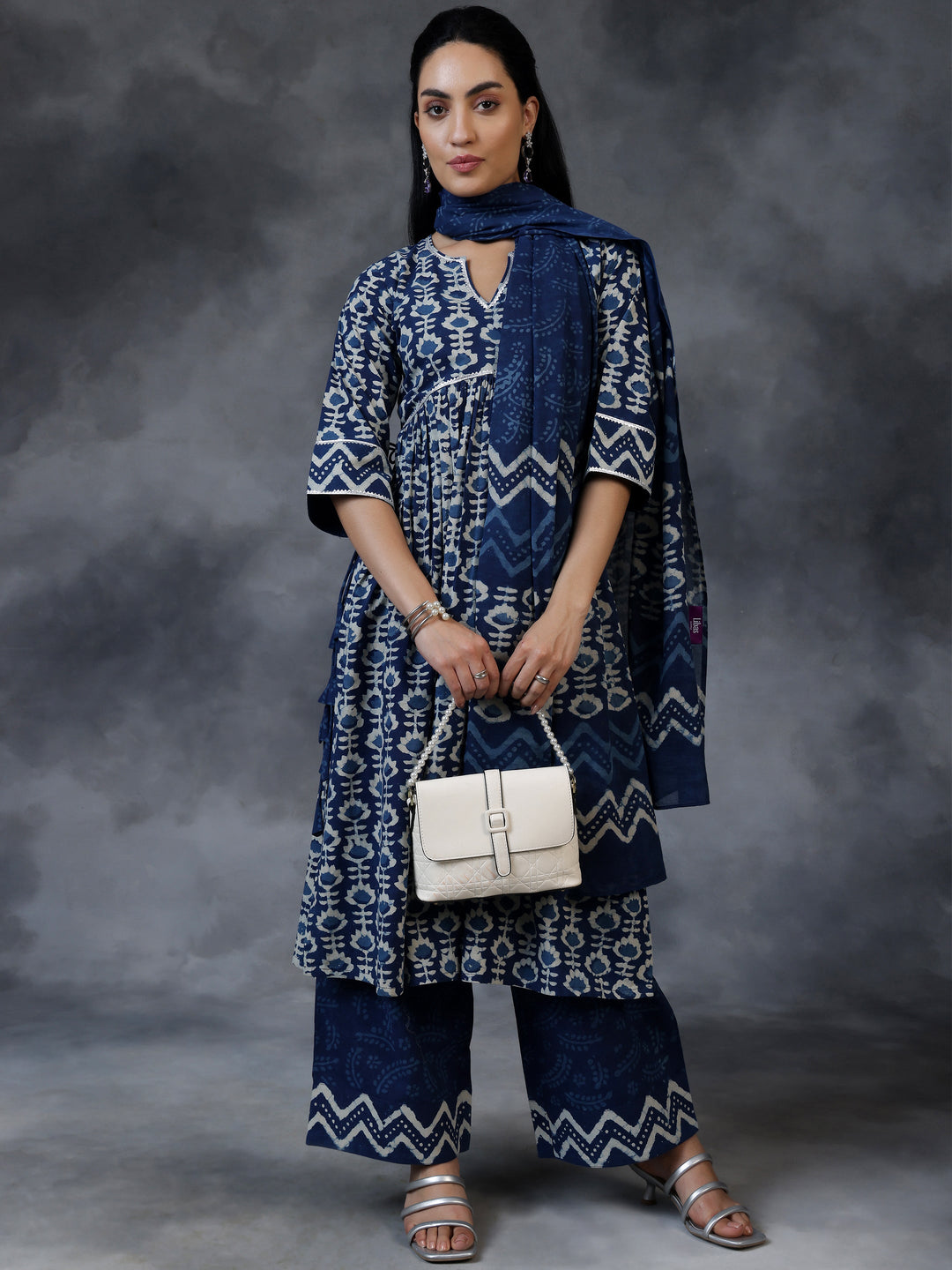Blue Printed Cotton A-Line Kurta With Palazzos & Dupatta