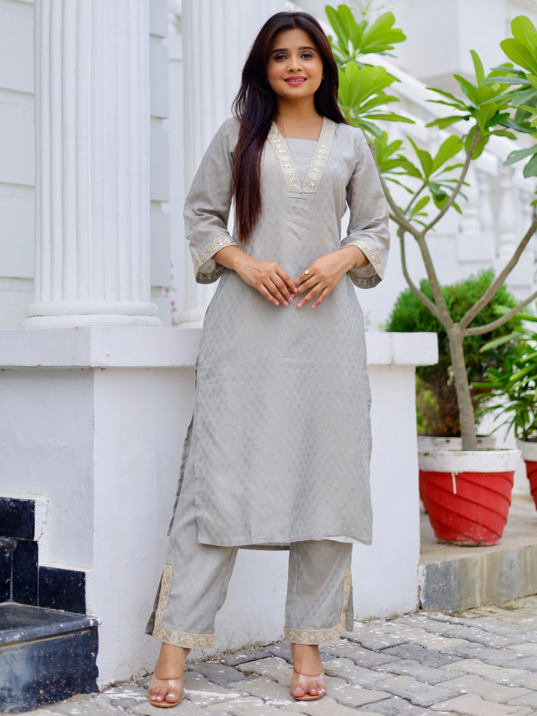 Grey Printed Silk Blend Straight Kurta Set