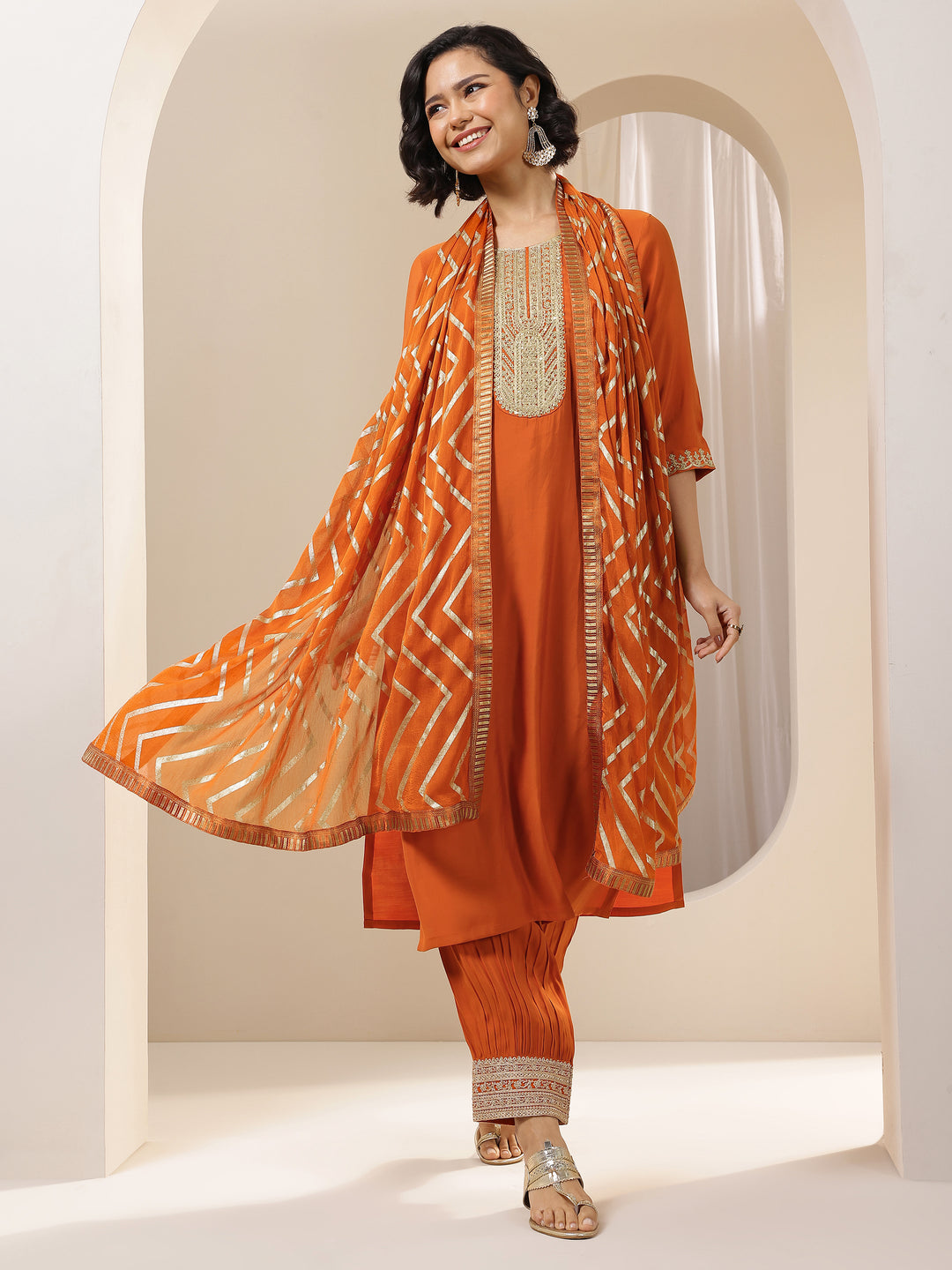 Rust Embroidered Silk Blend Straight Suit Set With Dupatta