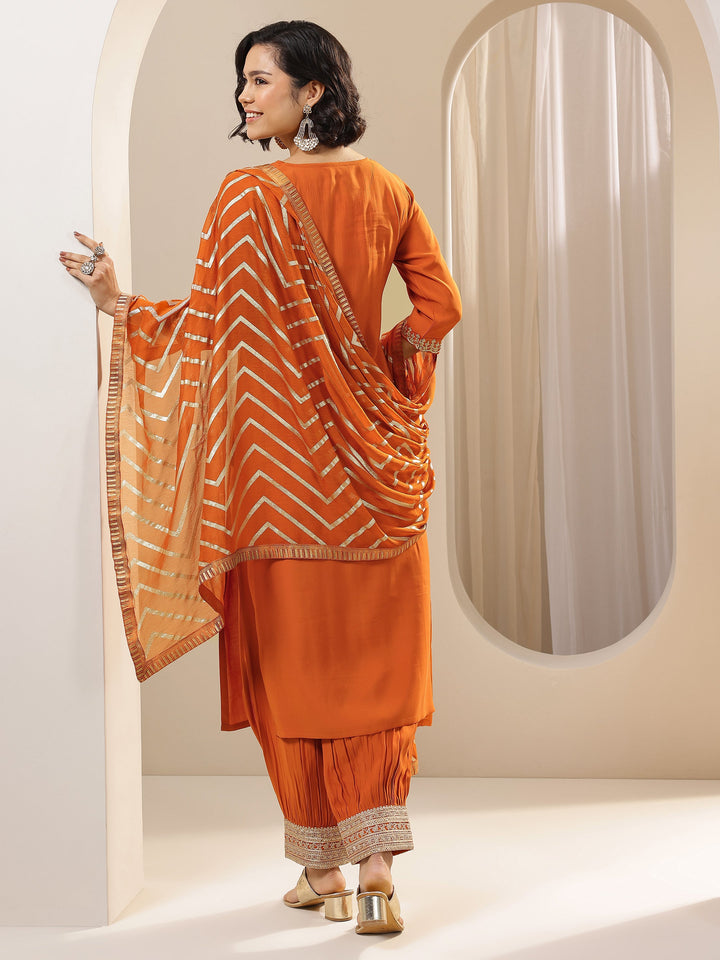 Rust Embroidered Silk Blend Straight Suit Set With Dupatta