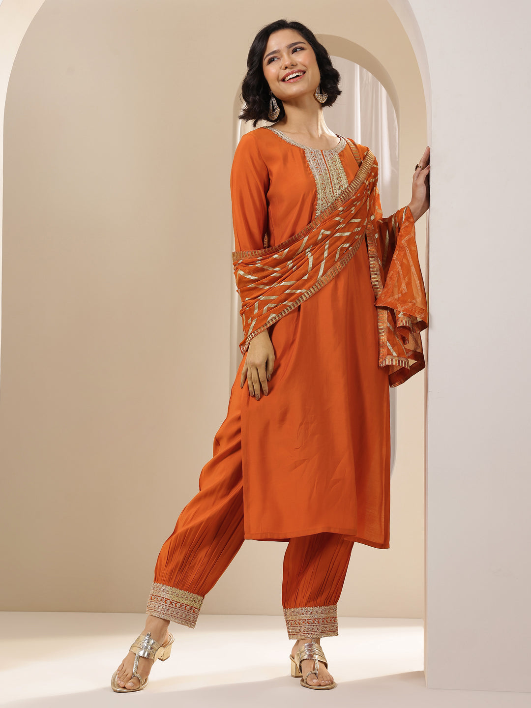 Rust Embroidered Silk Blend Straight Suit Set With Dupatta
