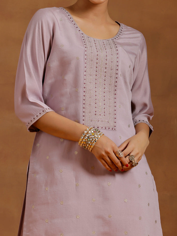 Lavender Embroidered Silk Blend Straight Kurta Set