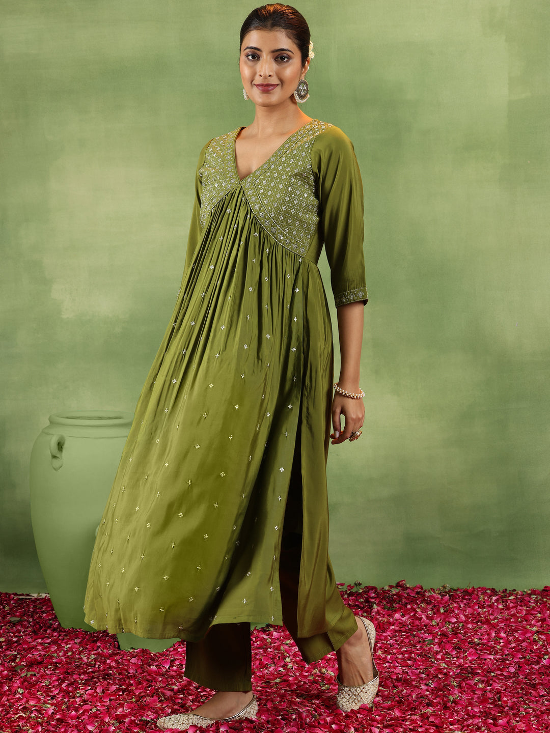 Olive Embroidered Silk Blend A-Line Kurta With Trousers