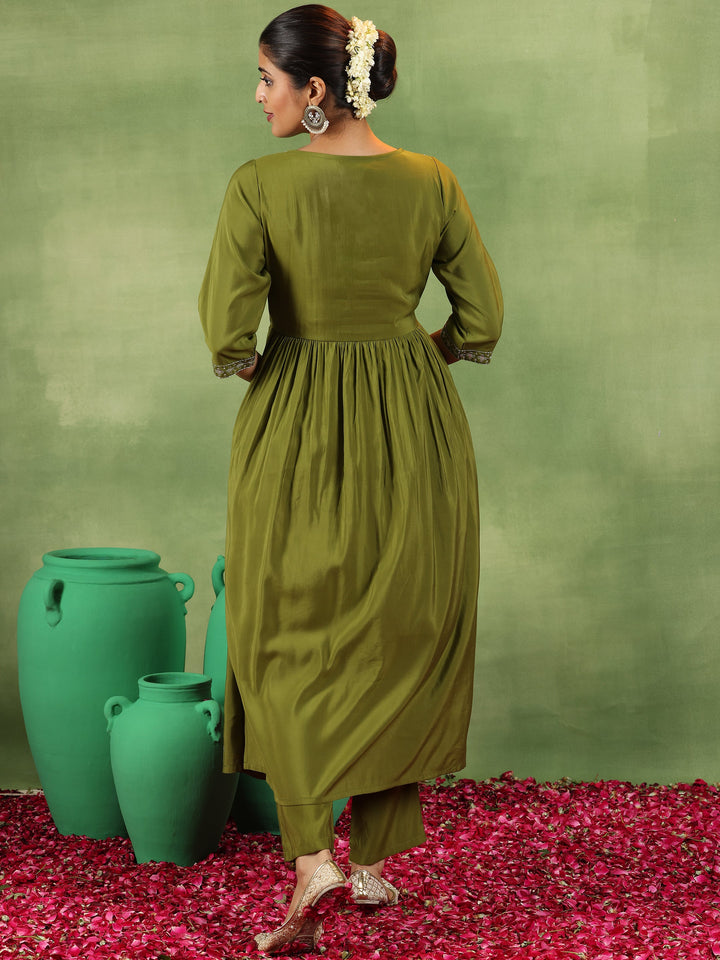Olive Embroidered Silk Blend A-Line Kurta With Trousers