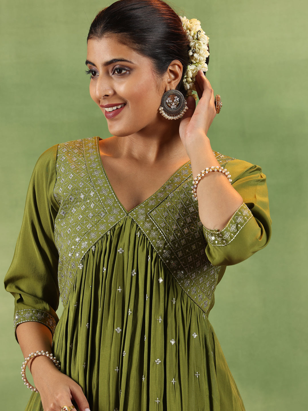Olive Embroidered Silk Blend A-Line Kurta With Trousers