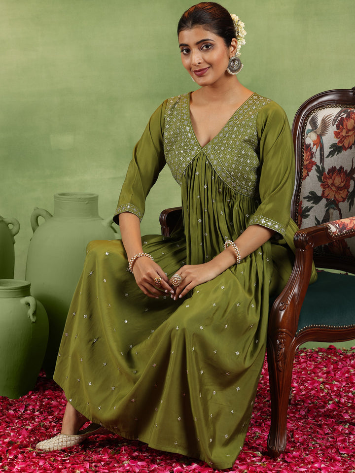Olive Embroidered Silk Blend A-Line Kurta With Trousers