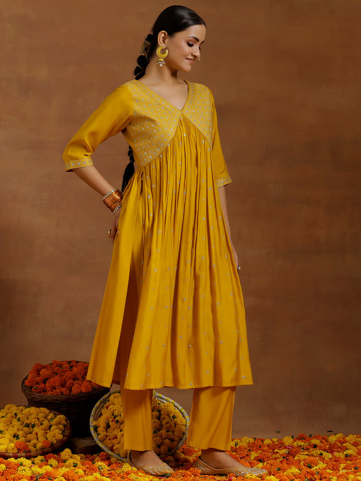 Mustard Embroidered Silk Blend A-Line Kurta With Trousers
