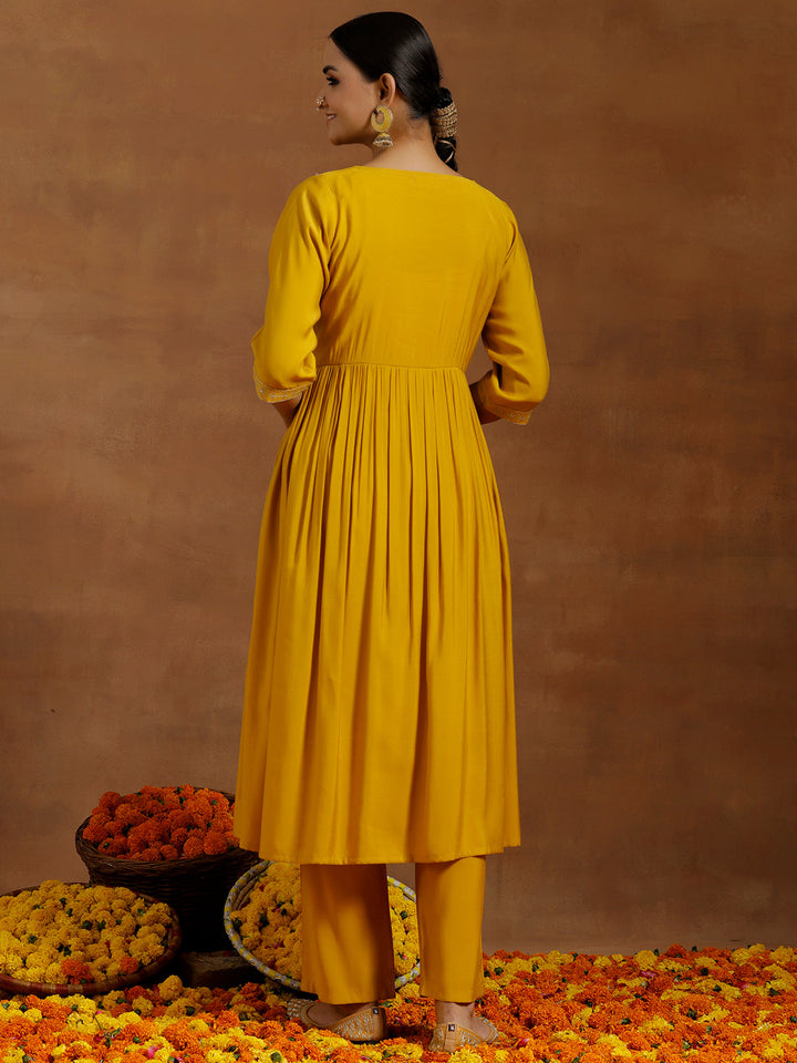 Mustard Embroidered Silk Blend A-Line Kurta With Trousers