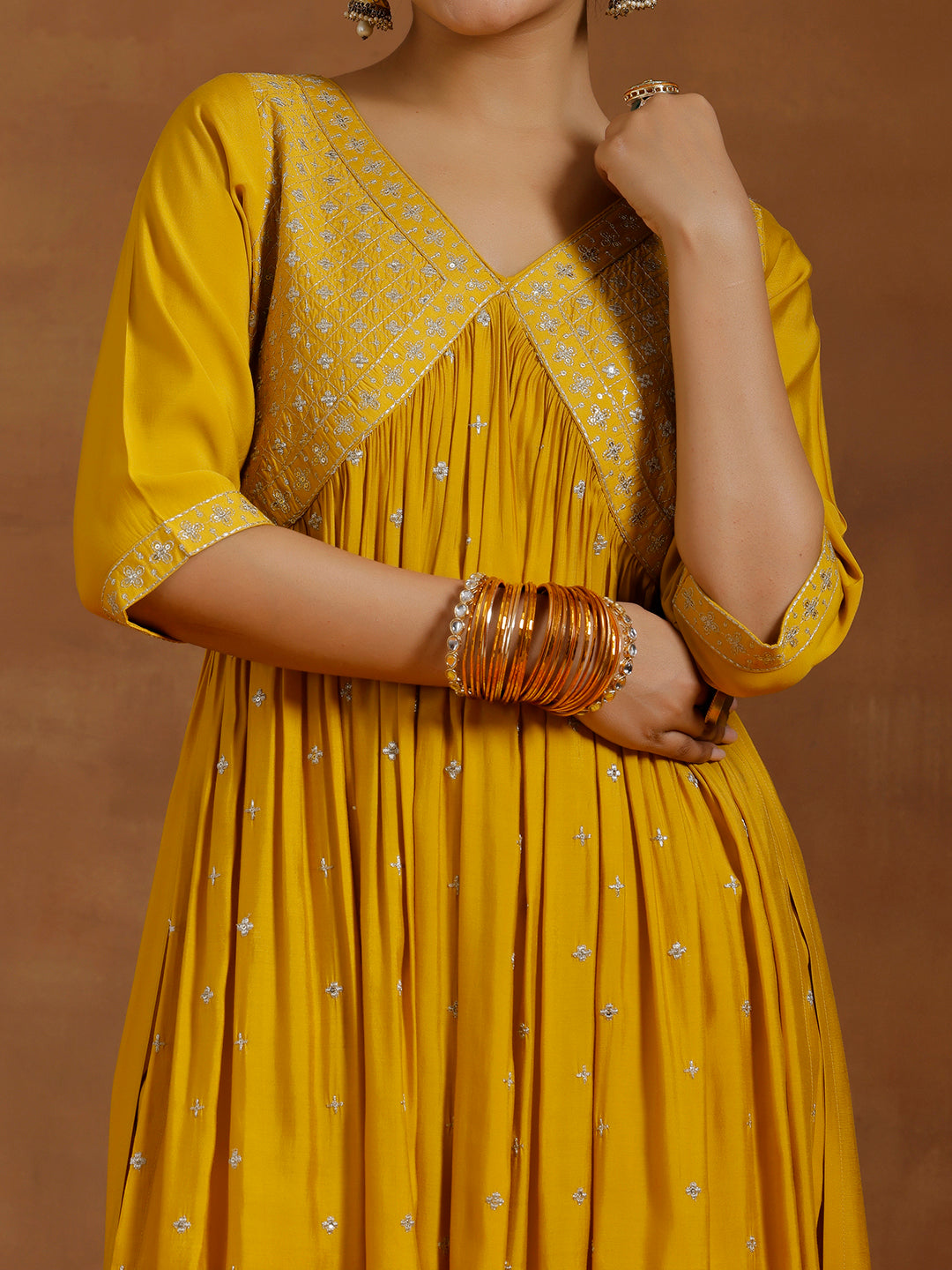 Mustard Embroidered Silk Blend A-Line Kurta With Trousers