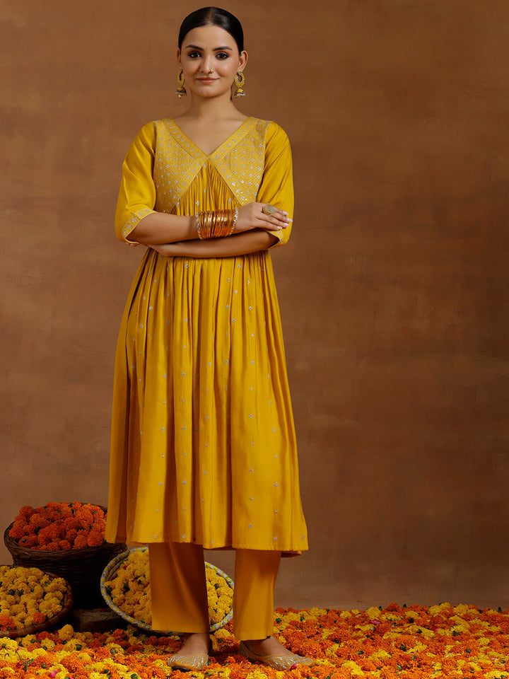 Mustard Embroidered Silk Blend A-Line Kurta With Trousers