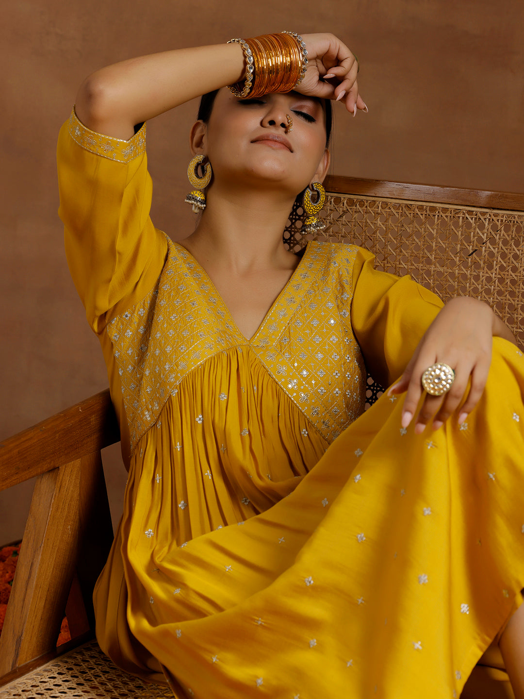 Mustard Embroidered Silk Blend A-Line Kurta With Trousers