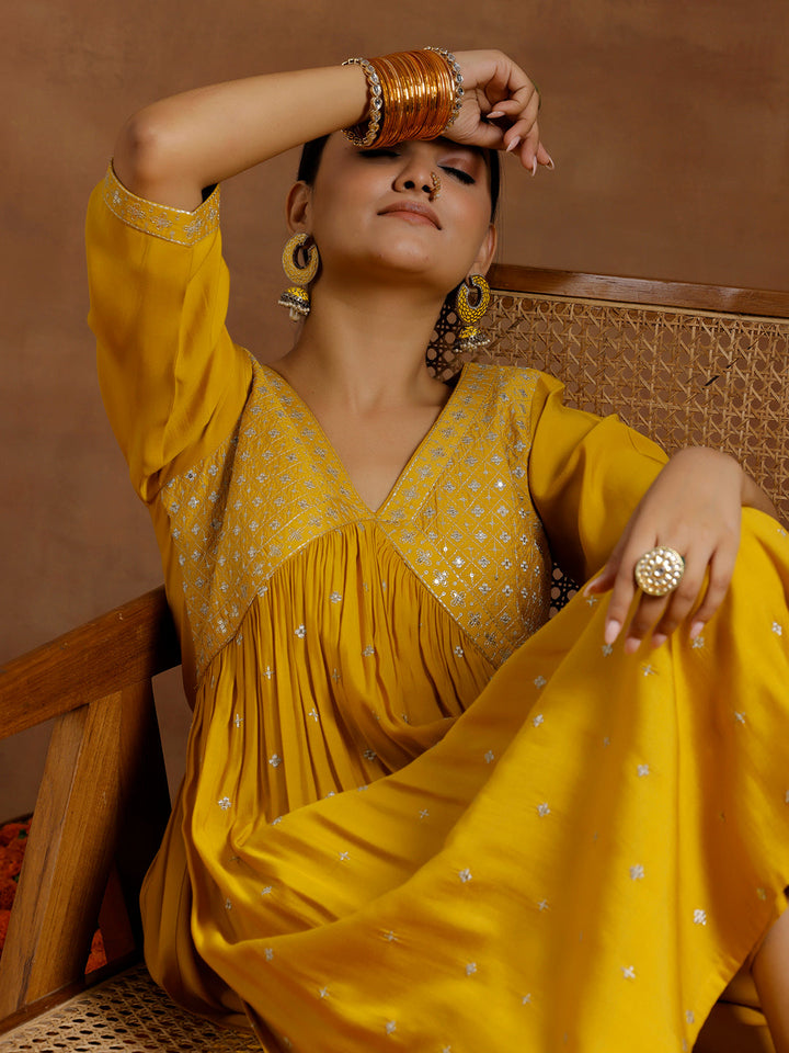 Mustard Embroidered Silk Blend A-Line Kurta With Trousers