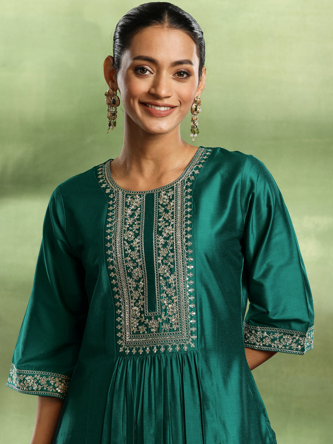 Green Yoke Design Silk Blend A-Line Kurta Set