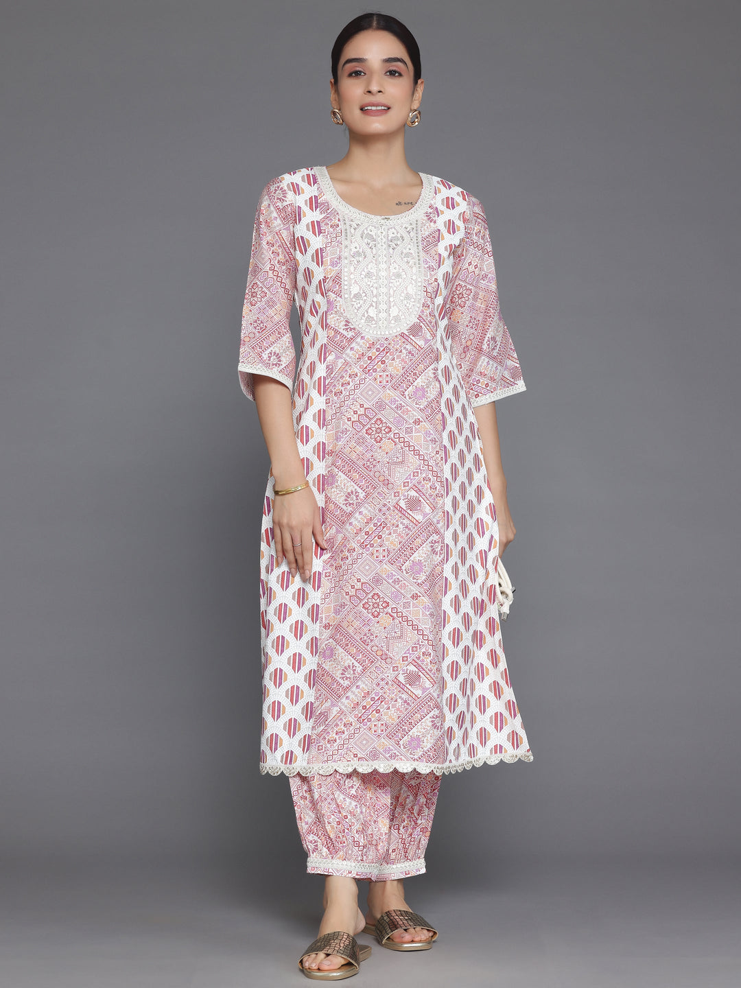 Maroon Printed Silk Blend A-Line Kurta With Salwar