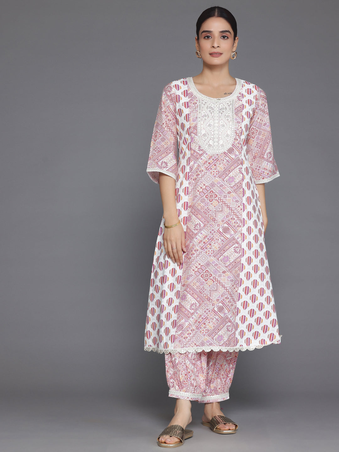 Maroon Printed Silk Blend A-Line Kurta With Salwar