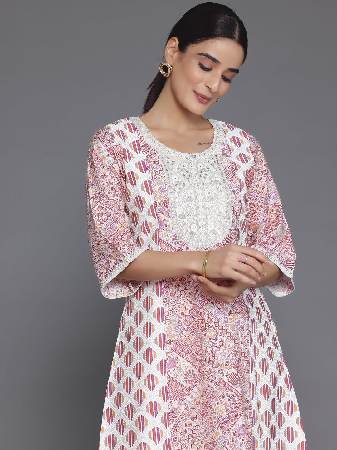 Maroon Printed Silk Blend A-Line Kurta With Salwar