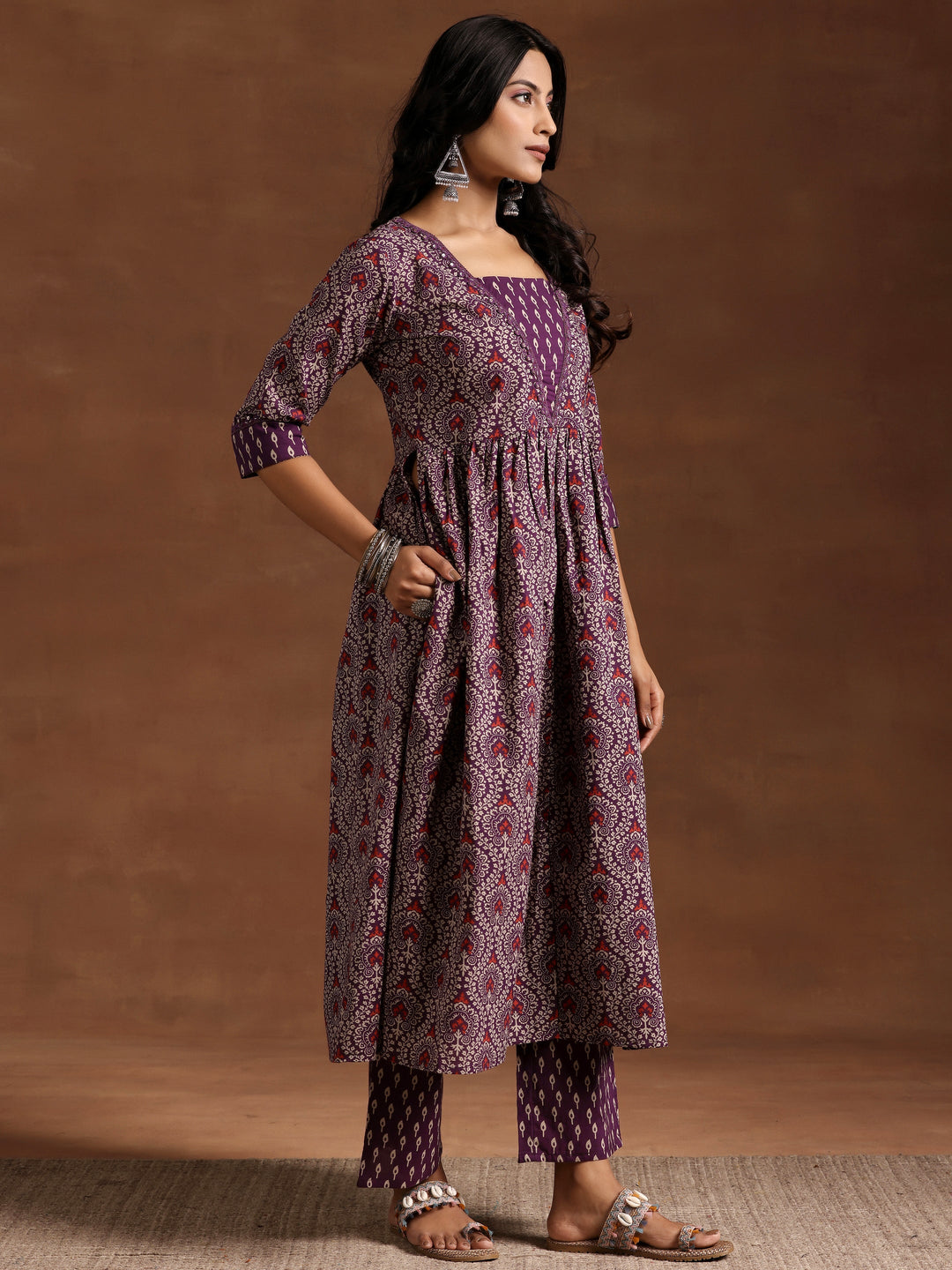 Purple Printed Cotton A-Line Kurta With Palazzos