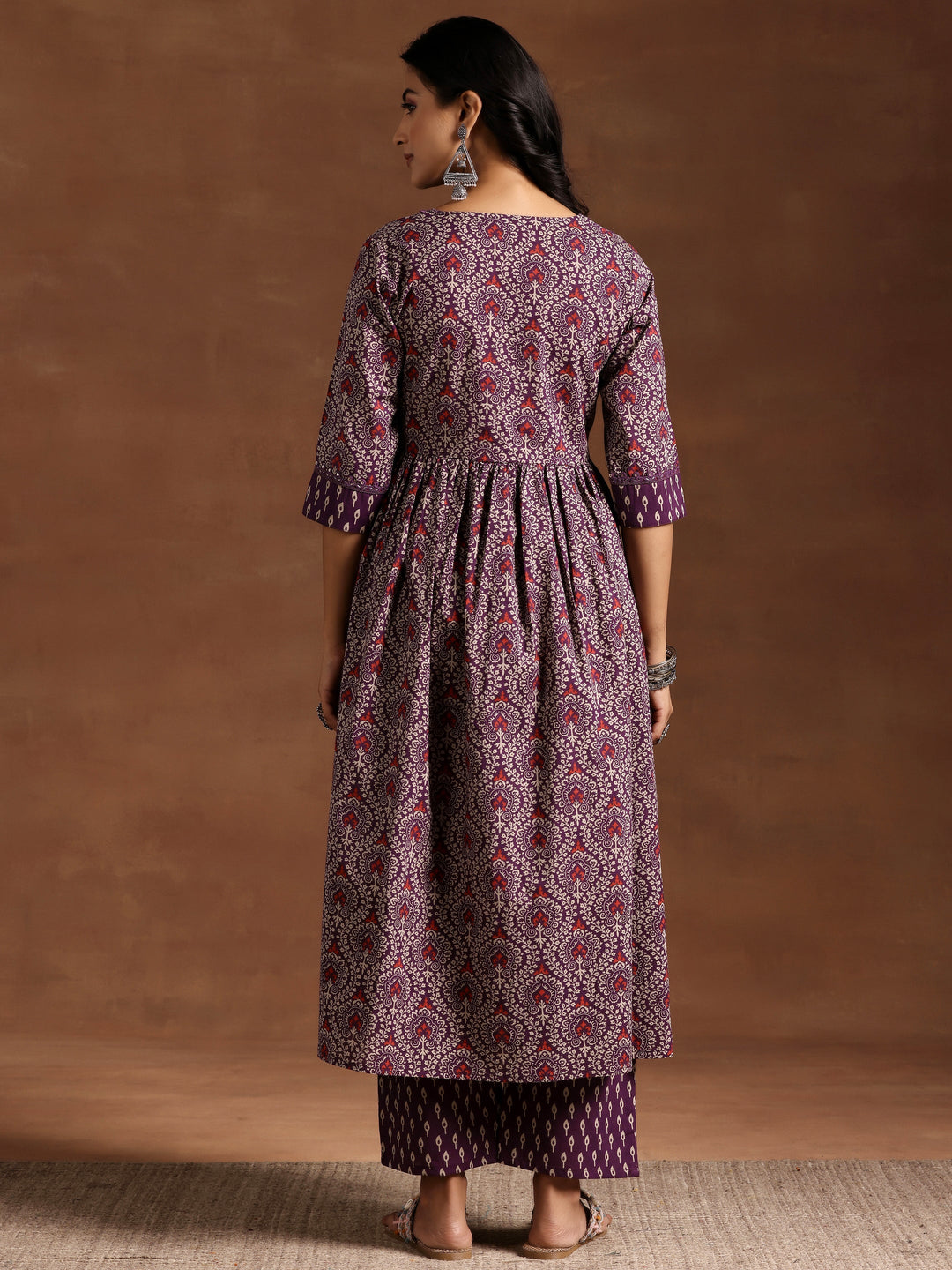 Purple Printed Cotton A-Line Kurta With Palazzos