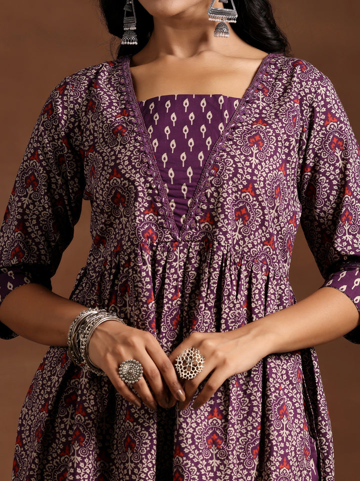 Purple Printed Cotton A-Line Kurta With Palazzos