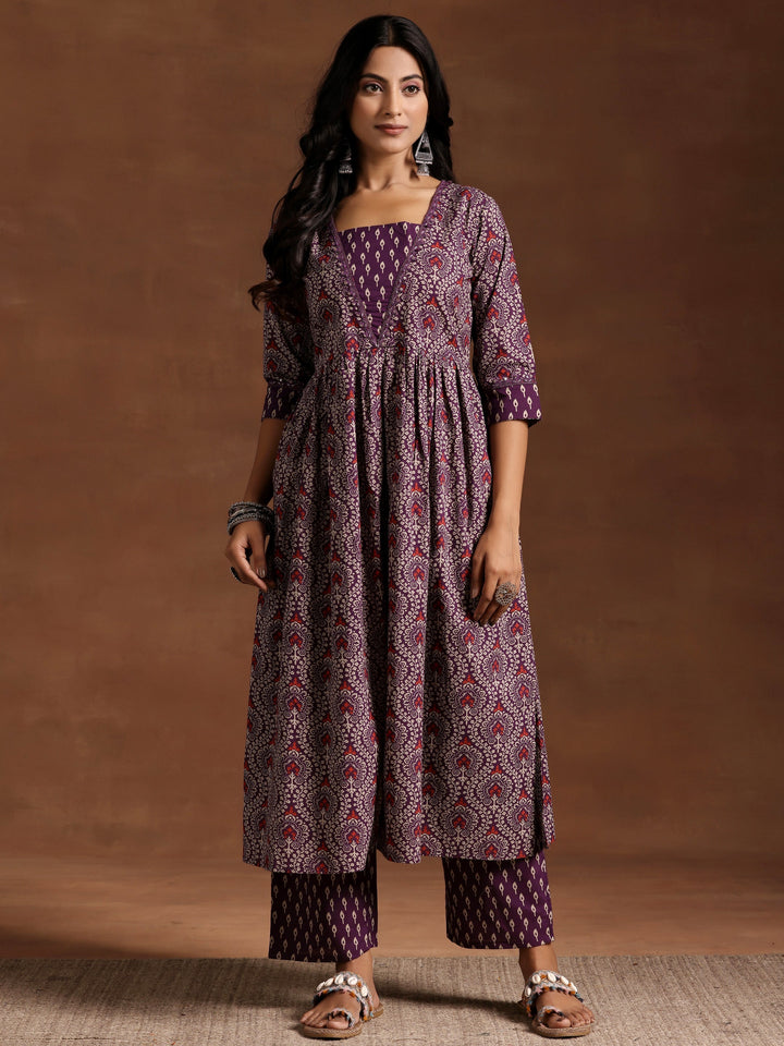 Purple Printed Cotton A-Line Kurta With Palazzos