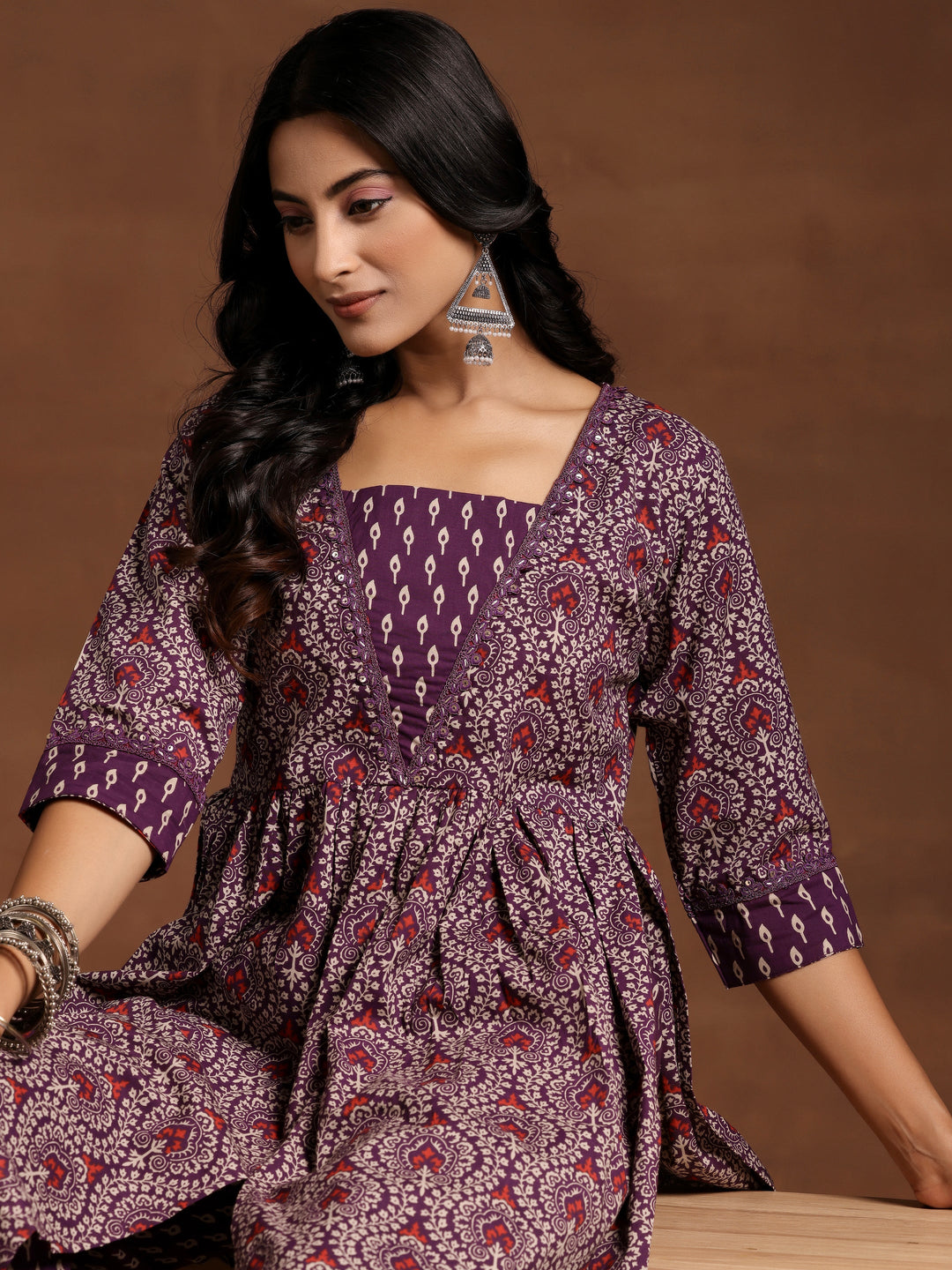 Purple Printed Cotton A-Line Kurta With Palazzos