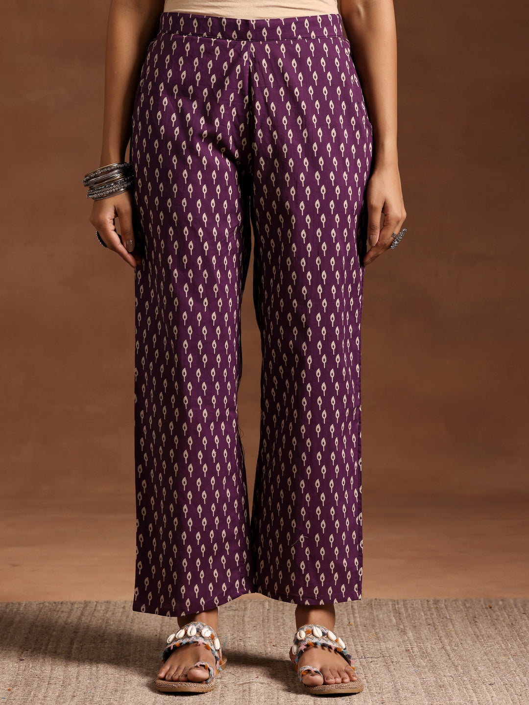 Purple Printed Cotton A-Line Kurta With Palazzos