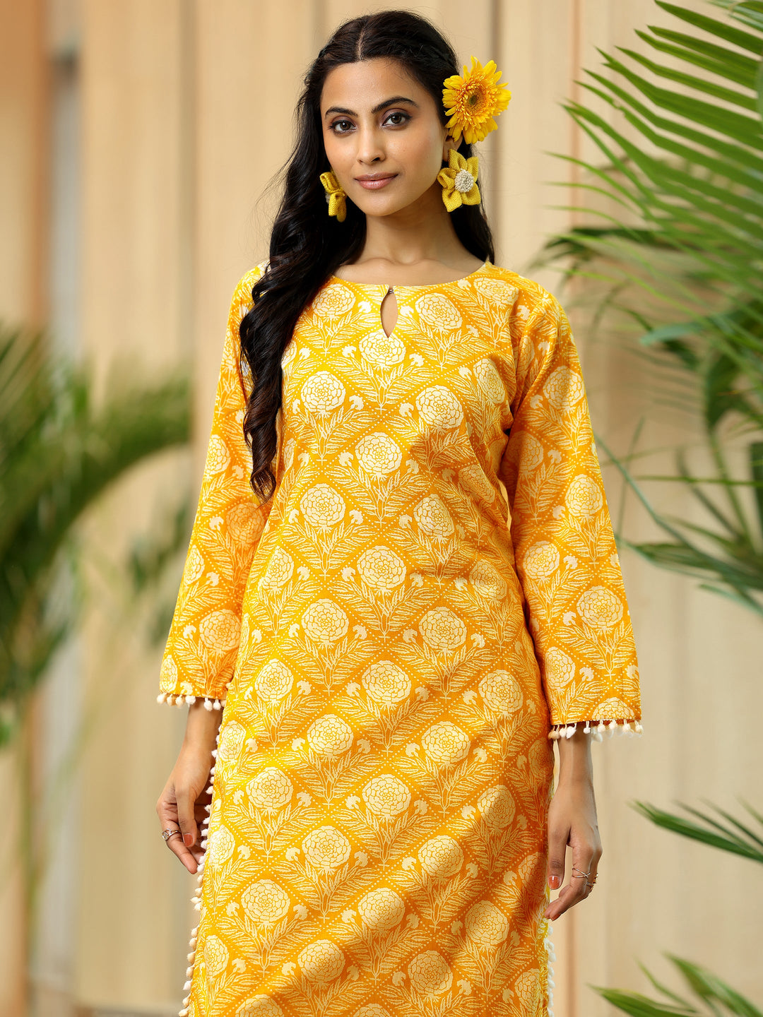 Yellow Printed Cotton Pathani Kurta Set