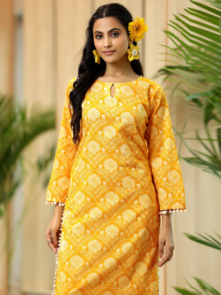 Yellow Printed Cotton Pathani Kurta Set