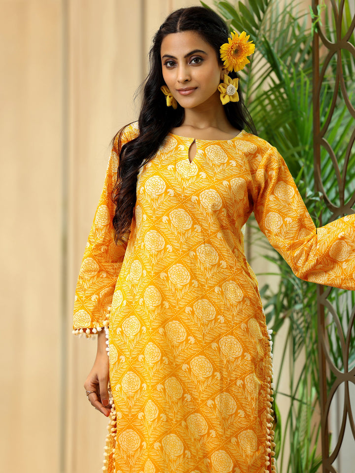 Yellow Printed Cotton Pathani Kurta Set