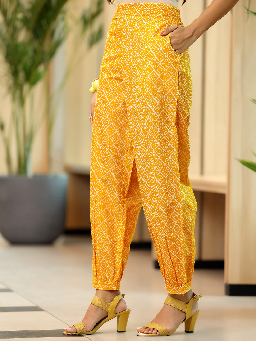Yellow Printed Cotton Pathani Kurta Set