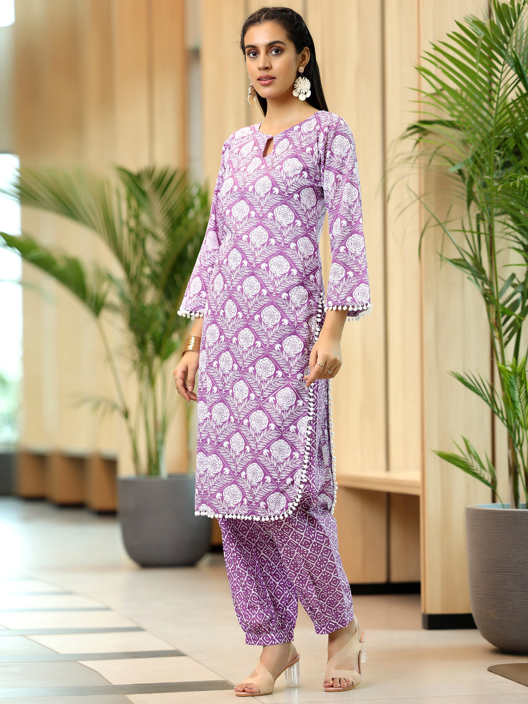 Lavender Printed Cotton Pathani Kurta Set