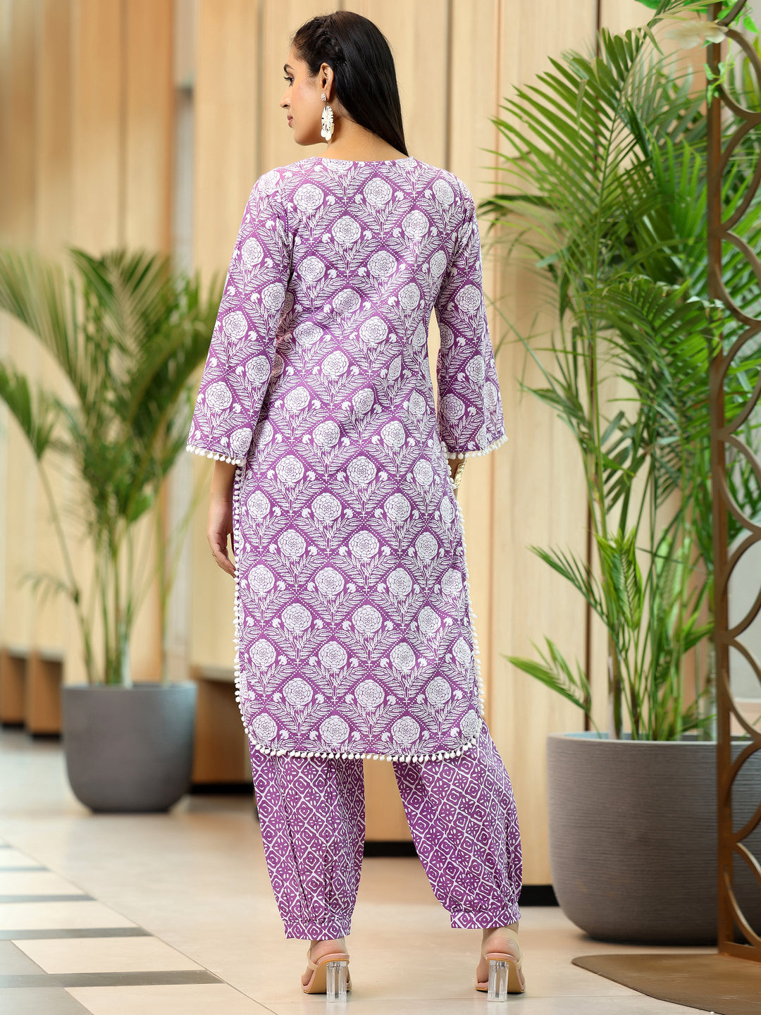 Lavender Printed Cotton Pathani Kurta Set