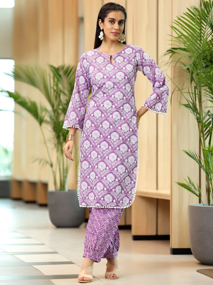 Lavender Printed Cotton Pathani Kurta Set