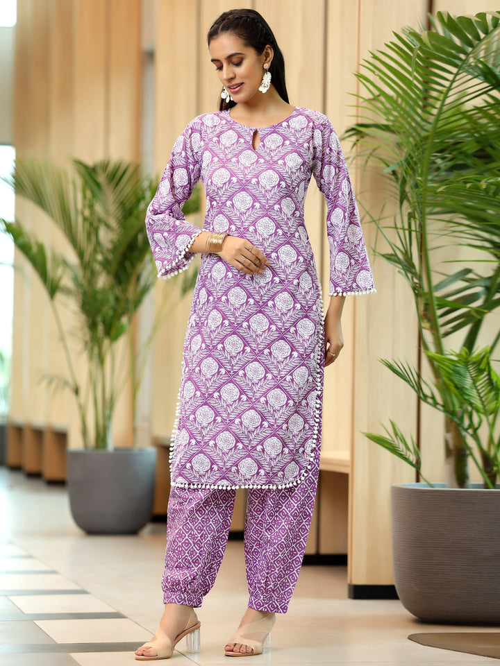 Lavender Printed Cotton Pathani Kurta Set