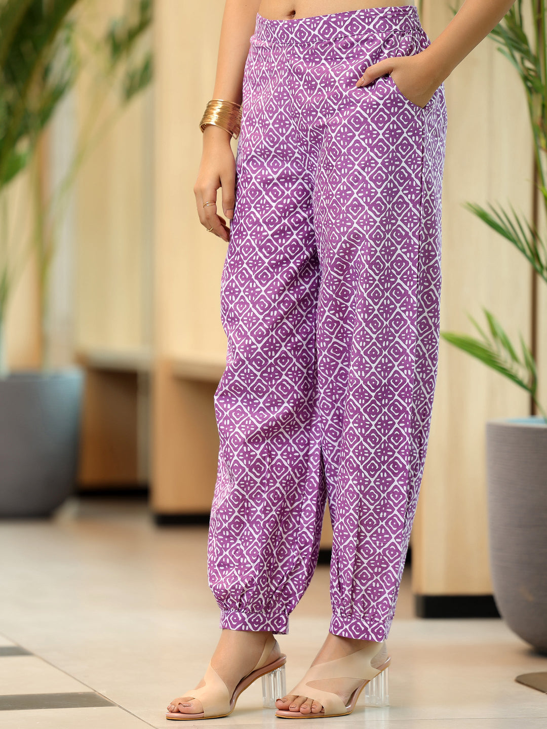 Lavender Printed Cotton Pathani Kurta Set
