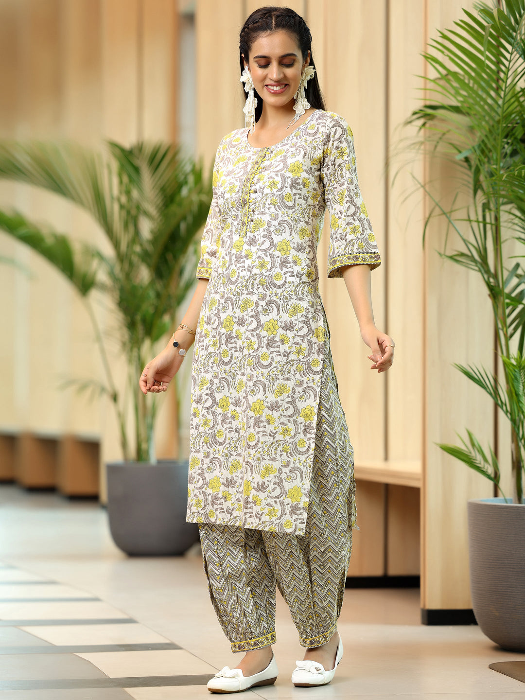 Yellow Printed Cotton Straight Suit With Dupatta