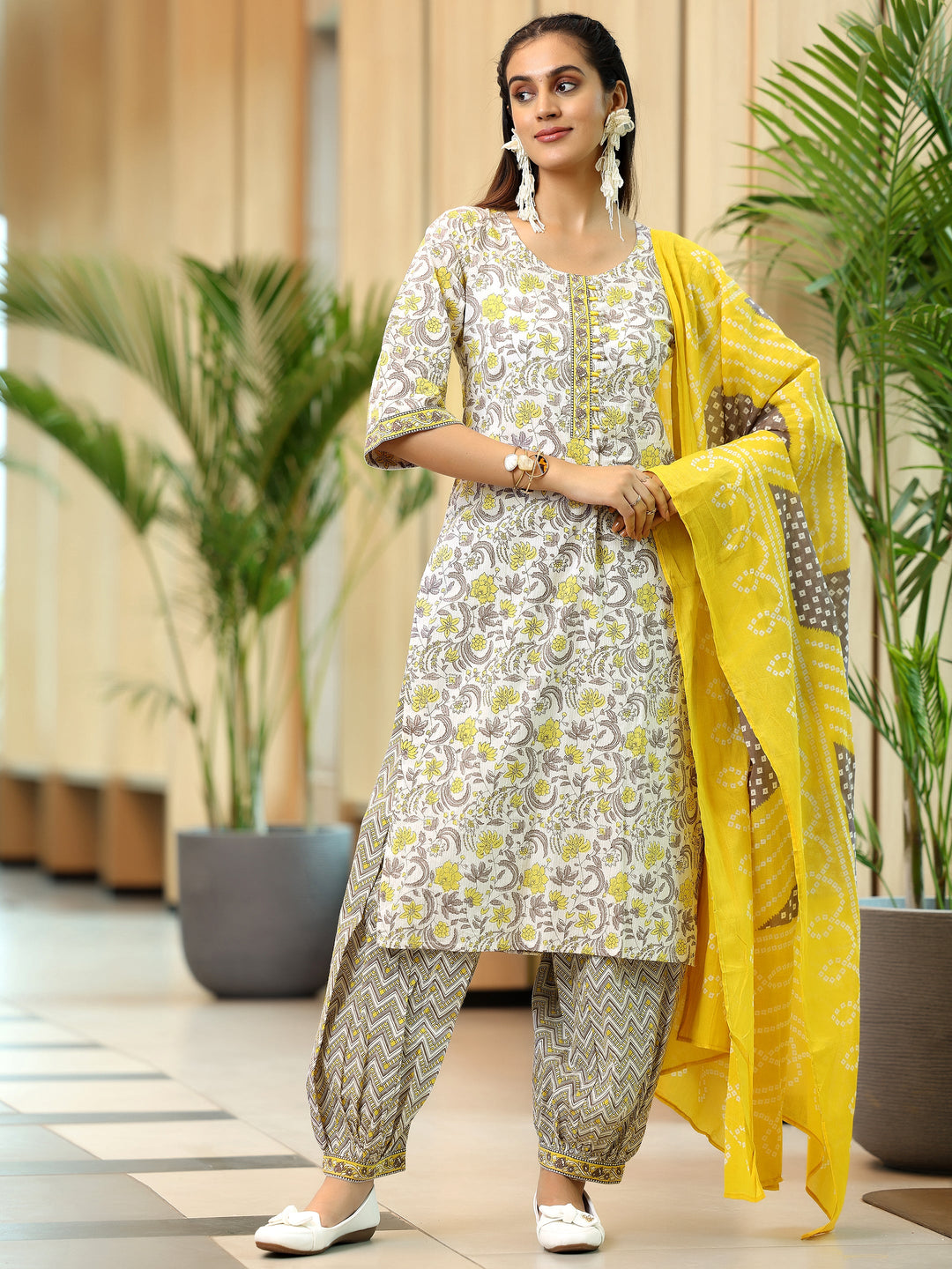 Yellow Printed Cotton Straight Suit With Dupatta