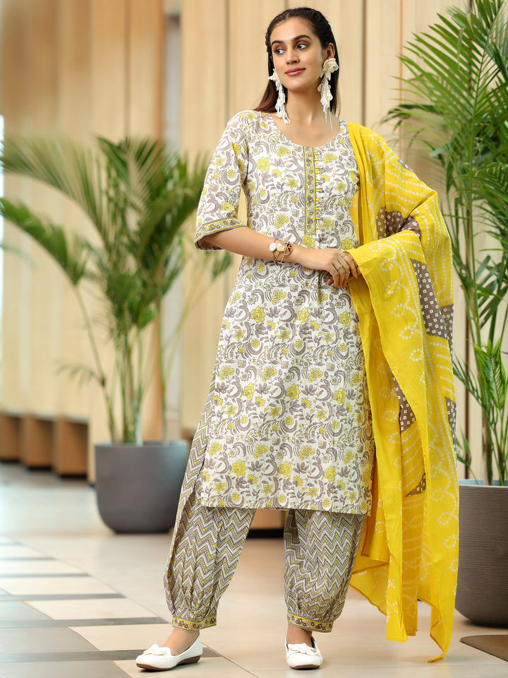 Yellow Printed Cotton Straight Suit With Dupatta
