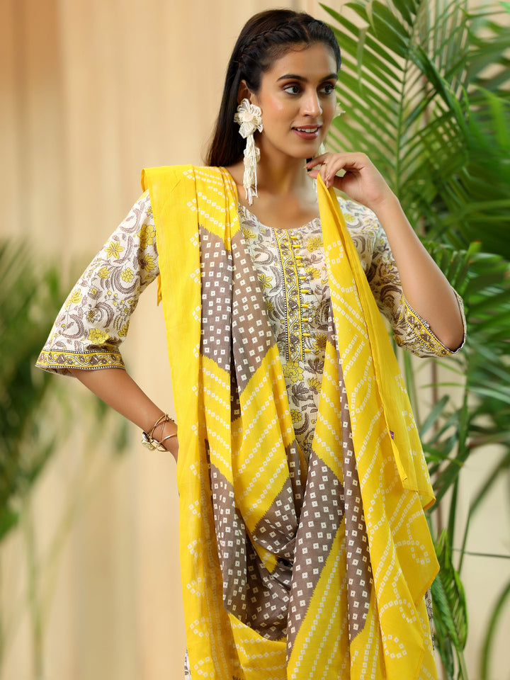 Yellow Printed Cotton Straight Suit With Dupatta