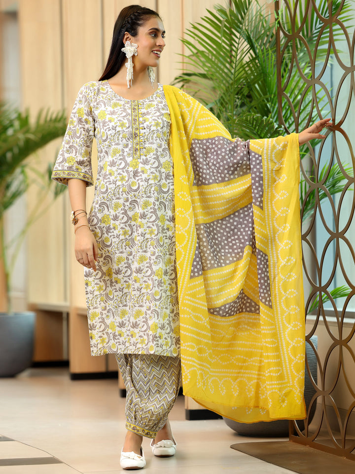 Yellow Printed Cotton Straight Suit With Dupatta