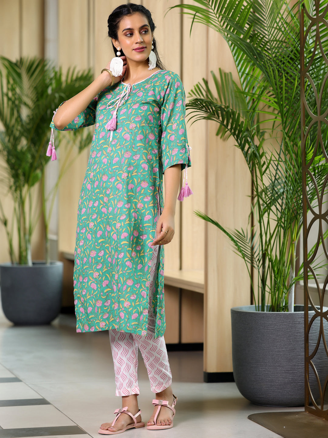 Green Printed Cotton Straight Suit With Dupatta