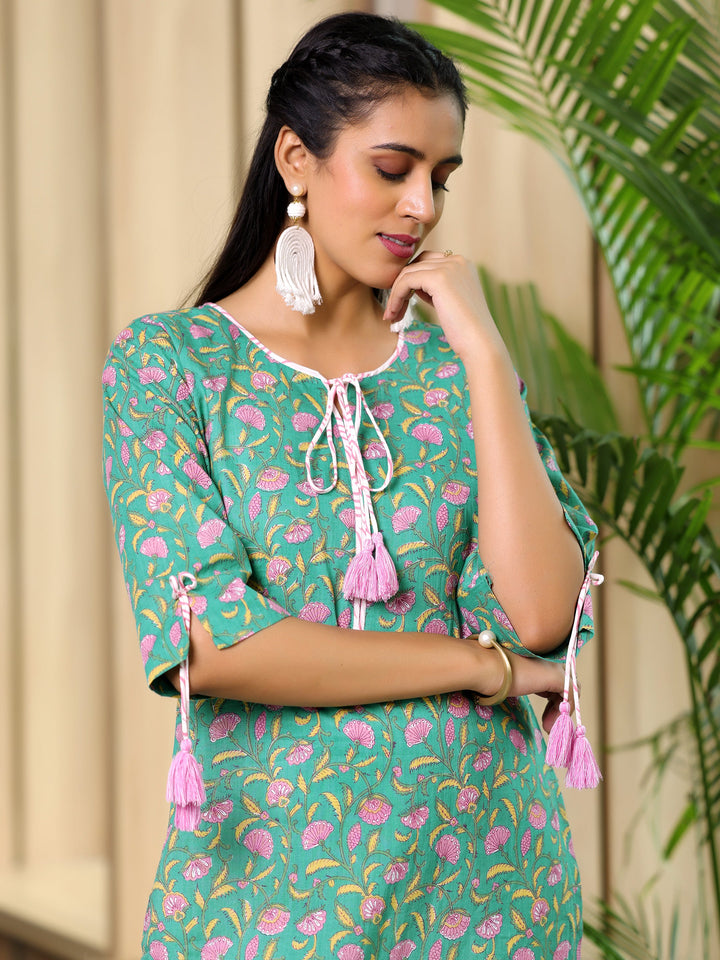 Green Printed Cotton Straight Suit With Dupatta